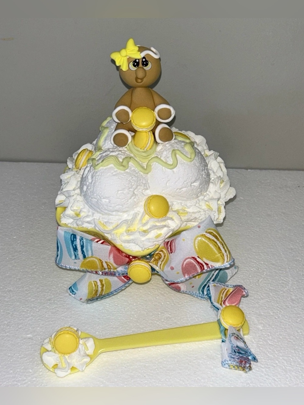 Yellow & White Fake Gingerbread Macaron Ice Cream Bowl Display Handmade